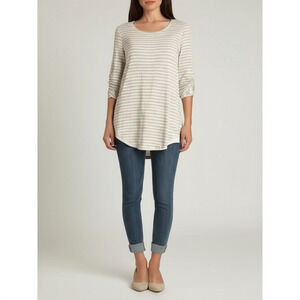 Alia Womens Size S Beige Striped Blouse Ruched 3/4 Sleeve Lace Back